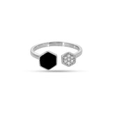 Black Enamel With CZ 925 Silver Adjustable Ring