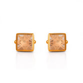 Gold square-shaped earrings with clear gemstones on a white background