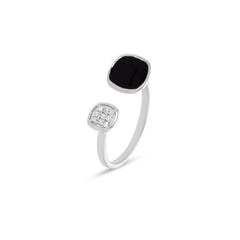 Black Enamel With CZ 925 Silver Adjustable Ring