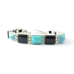 Square Black Onyx and Turquoise 925 Silver Bracelet