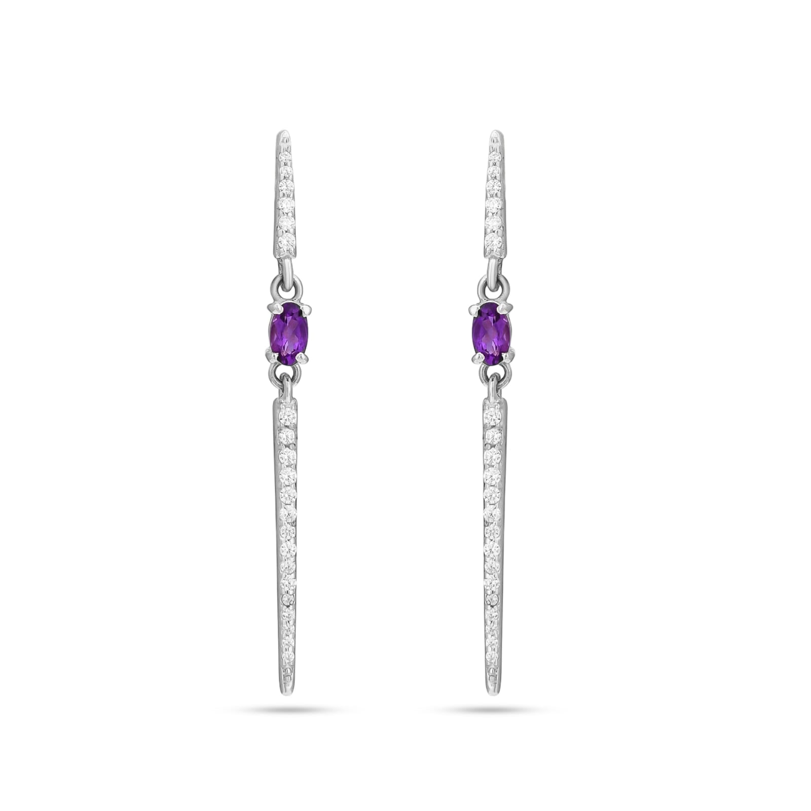Pair of silver earrings with purple gemstones on a white background