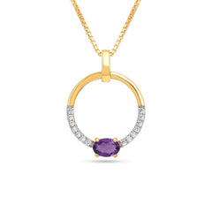 Gold pendant with a purple gemstone and diamonds on a white background