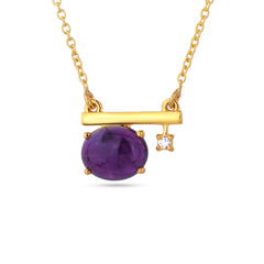 Gold necklace with a purple gemstone and small diamond on a white background