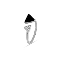 Black Enamel With CZ 925 Silver Adjustable Ring