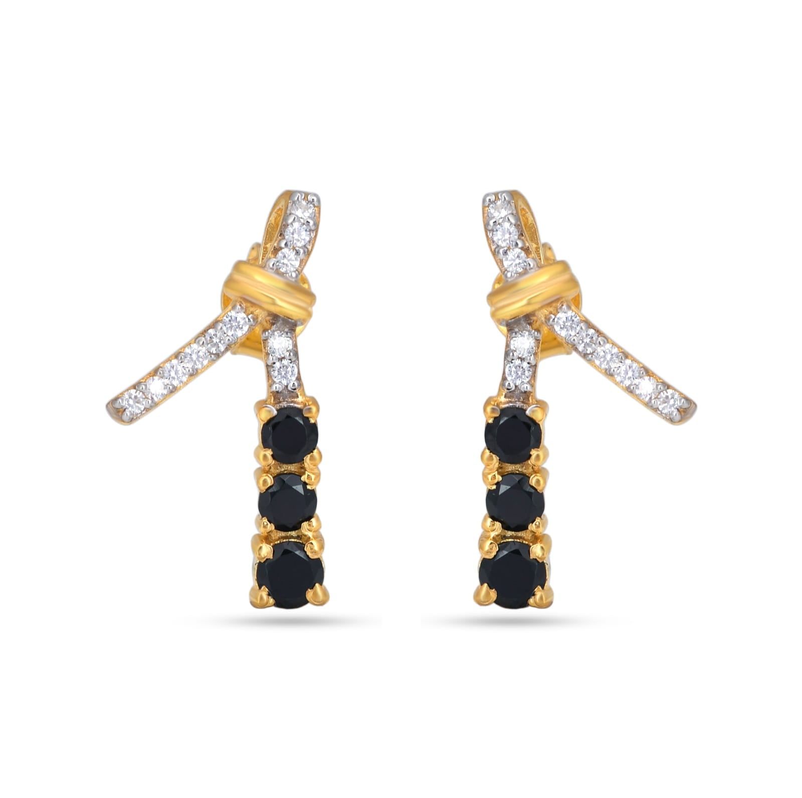 Gold earrings with black gemstones and clear stones on a white background