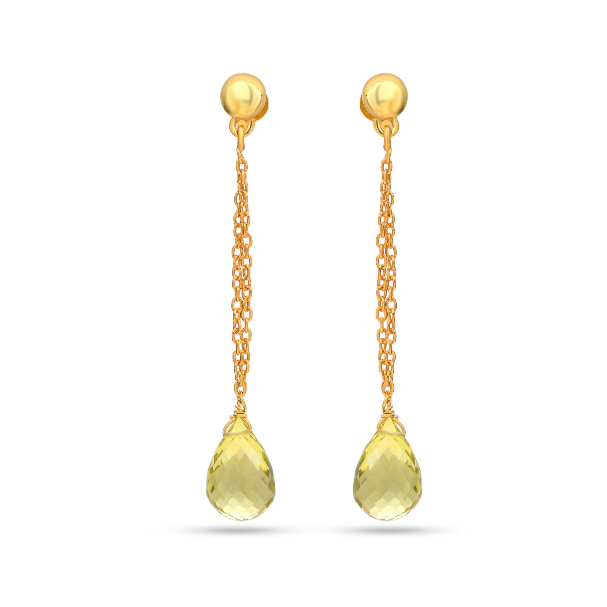Gold earrings with teardrop-shaped yellow gemstones on a white background