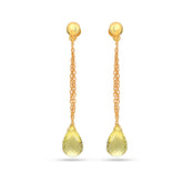 Gold earrings with teardrop-shaped yellow gemstones on a white background
