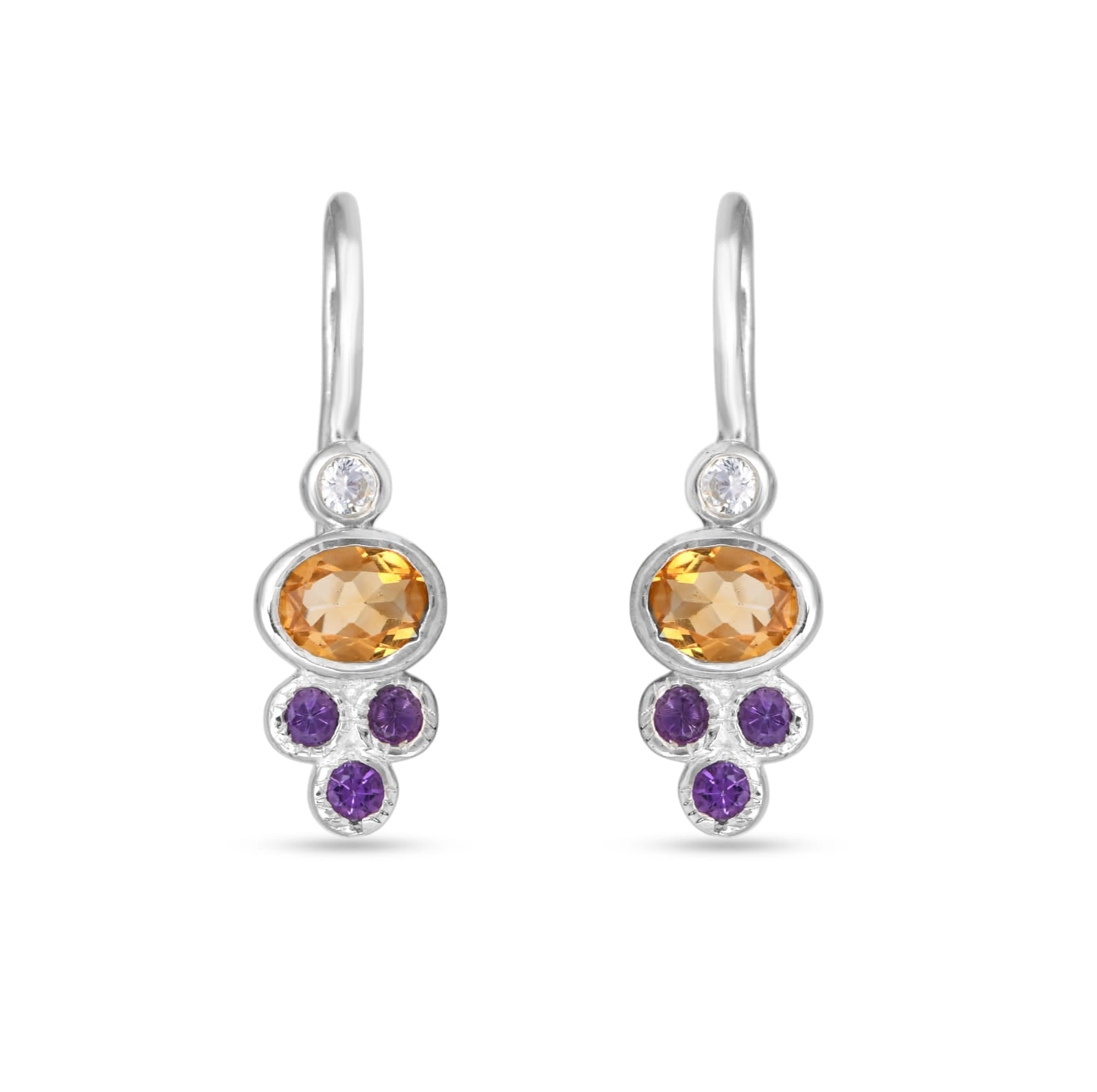 Silver earrings with orange and purple gemstones on a white background