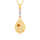 Gold tennis racket-shaped pendant with a central gemstone on a white background