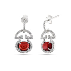 Oval Garnet Stone With Cz Silver Earrings