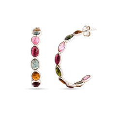 Multi Tourmaline Silver Hoop Earrings In 925 Silver