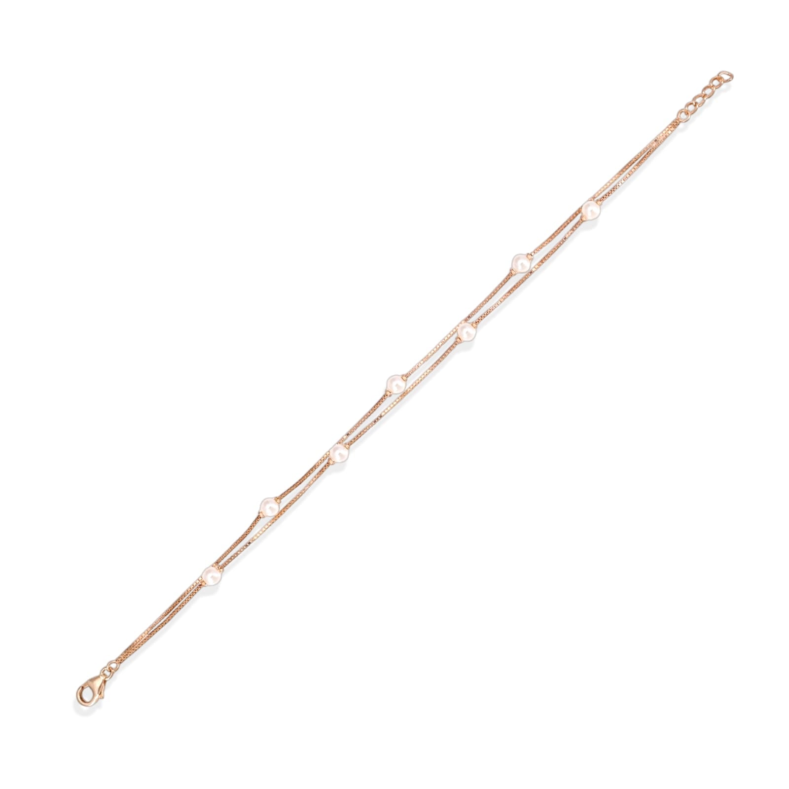 Rose gold bracelet with small diamonds on a white background