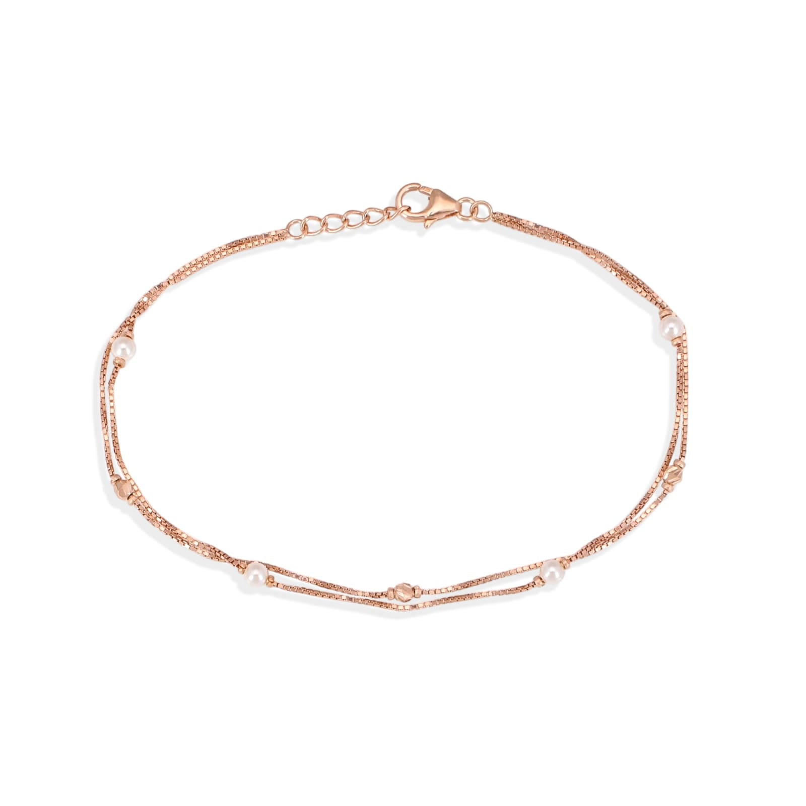 Rose gold bracelet with pearls on a white background