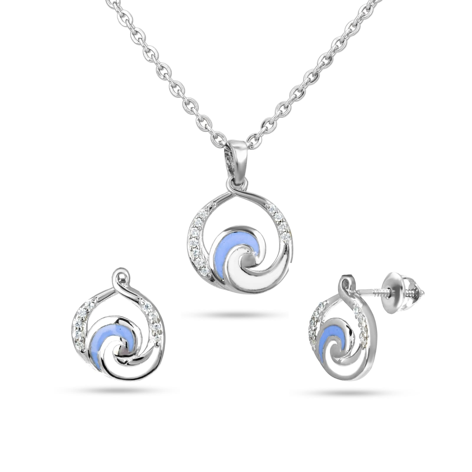 Silver jewelry set with spiral design on a white background