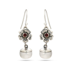 Floral Garnet & Pearl Dangle Earrings in 925 Silver
