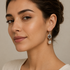 Close-up of a woman wearing earrings with a neutral background