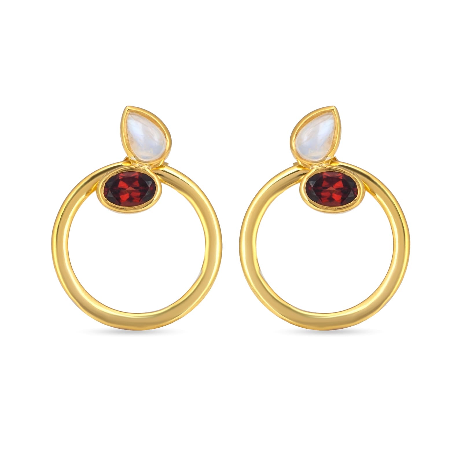 Gold hoop earrings with red gemstones and white stones on a white background