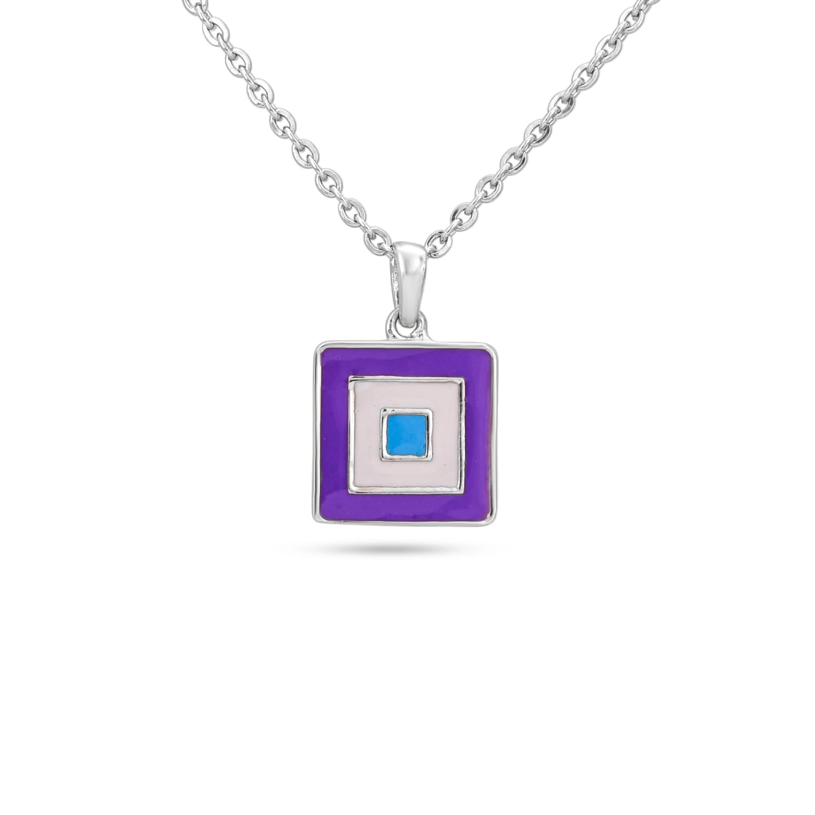 Necklace with a square pendant featuring a blue center on a white background