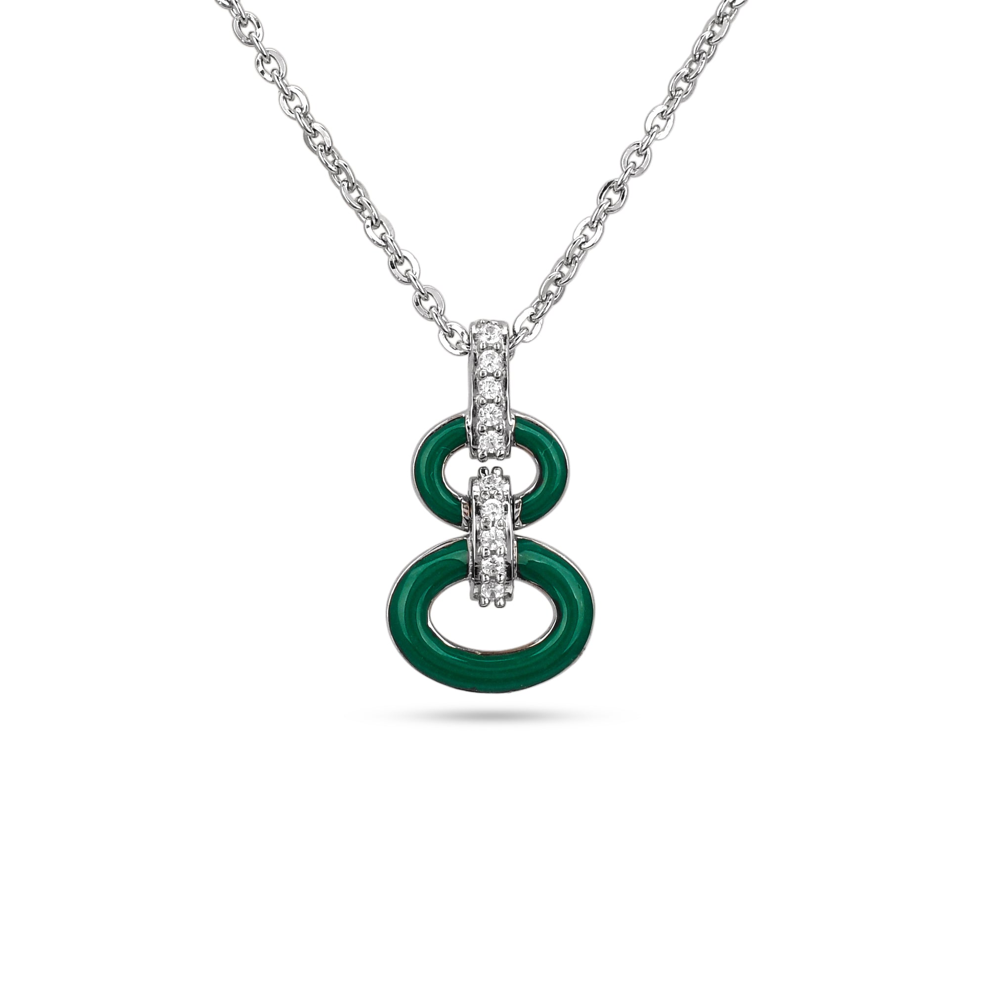 Green pendant with diamond accents on a white background