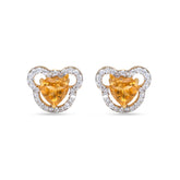 Heart-shaped citrine earrings with diamond accents on a white background