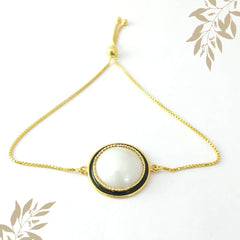 Ivory Round Shell Silver Bracelet With adjustable Chain.