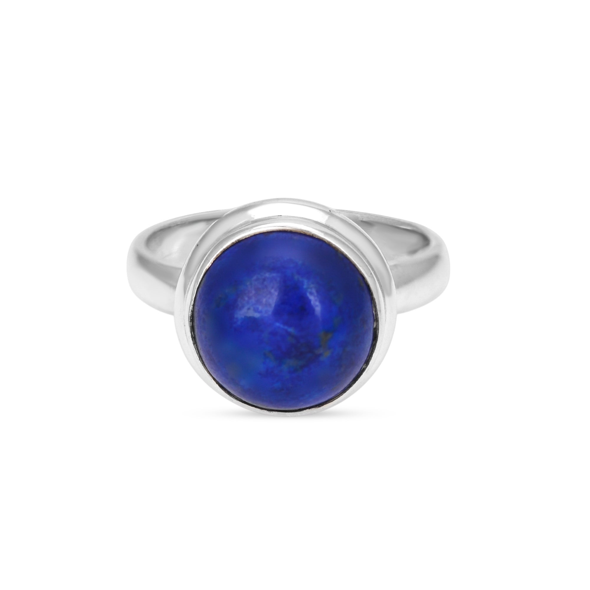 Silver ring with a blue stone on a white background
