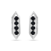 Pair of silver earrings with black gemstones on a white background
