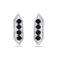 Pair of silver earrings with black gemstones on a white background
