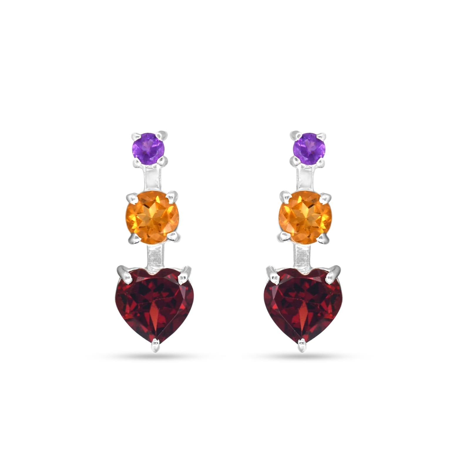 Pair of earrings with heart-shaped gemstones on a white background