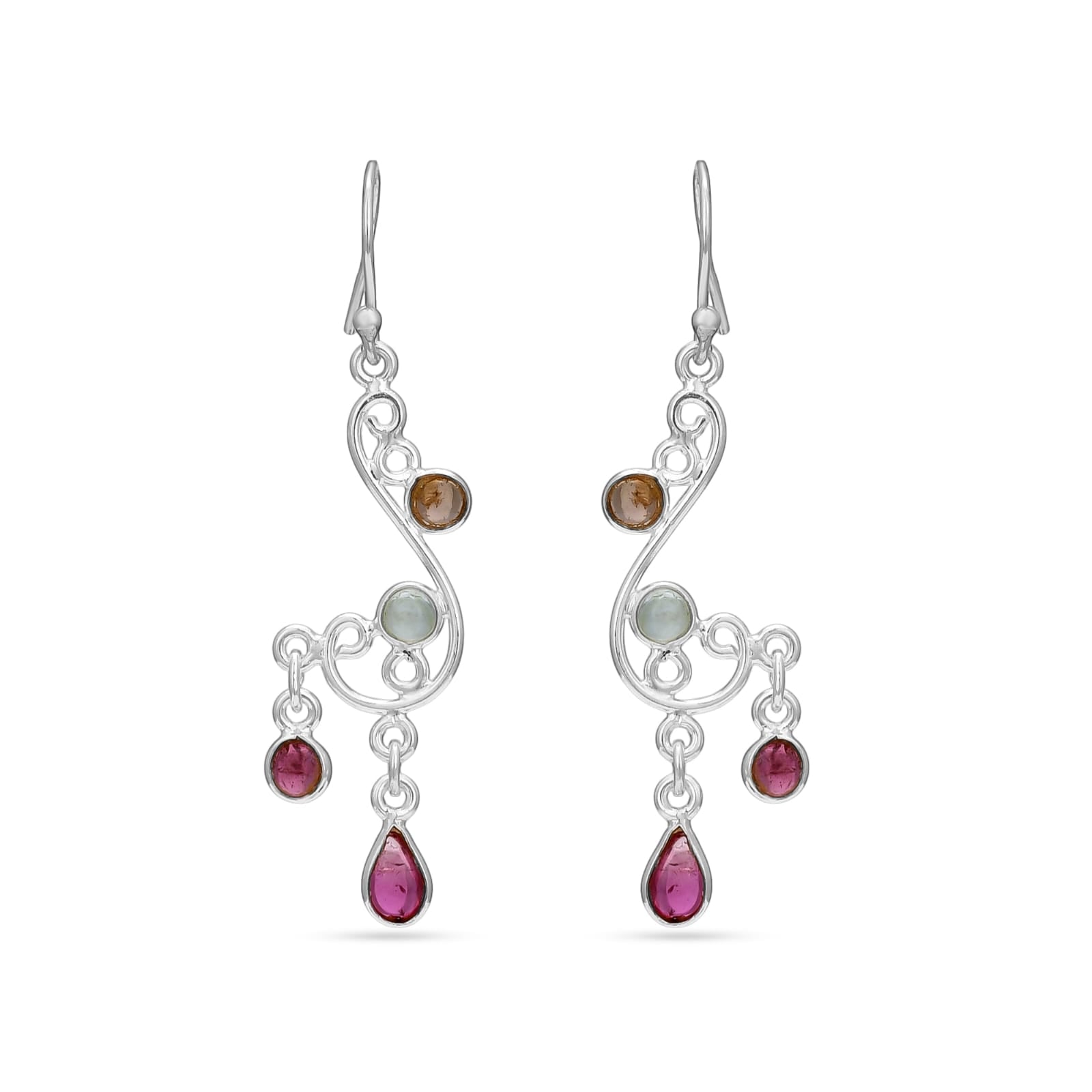 Silver earrings with gemstones on a white background