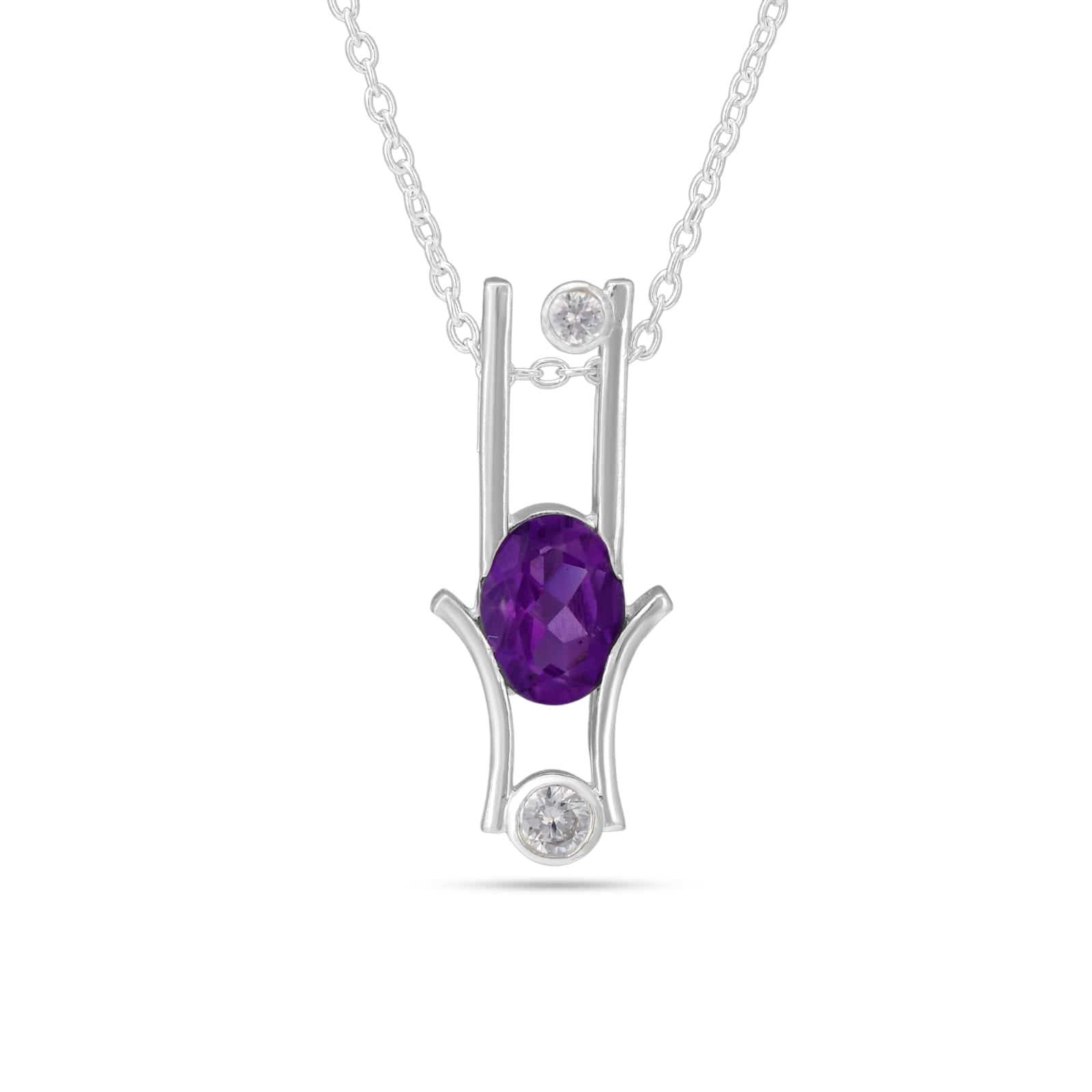 Silver necklace with an amethyst pendant on a white background