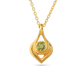 Gold pendant necklace with a green gemstone on a white background