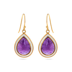 Pear Purple Amethyst 925 Silver Earring with White Enamel
