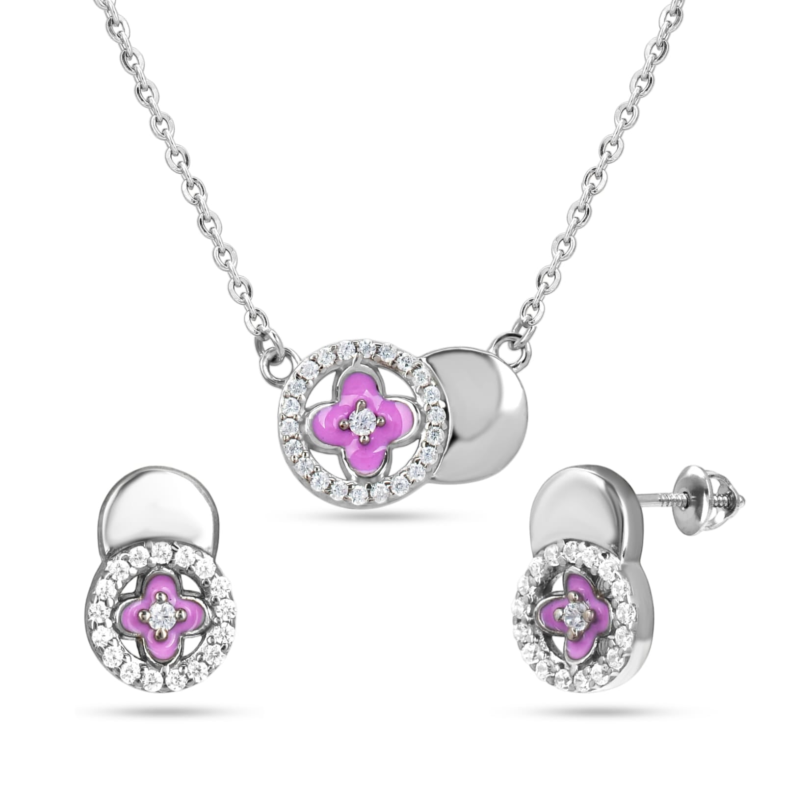 Silver jewelry set with pink floral designs on a white background