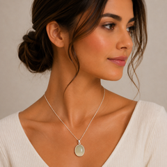 Woman wearing a silver necklace with a pendant against a neutral background