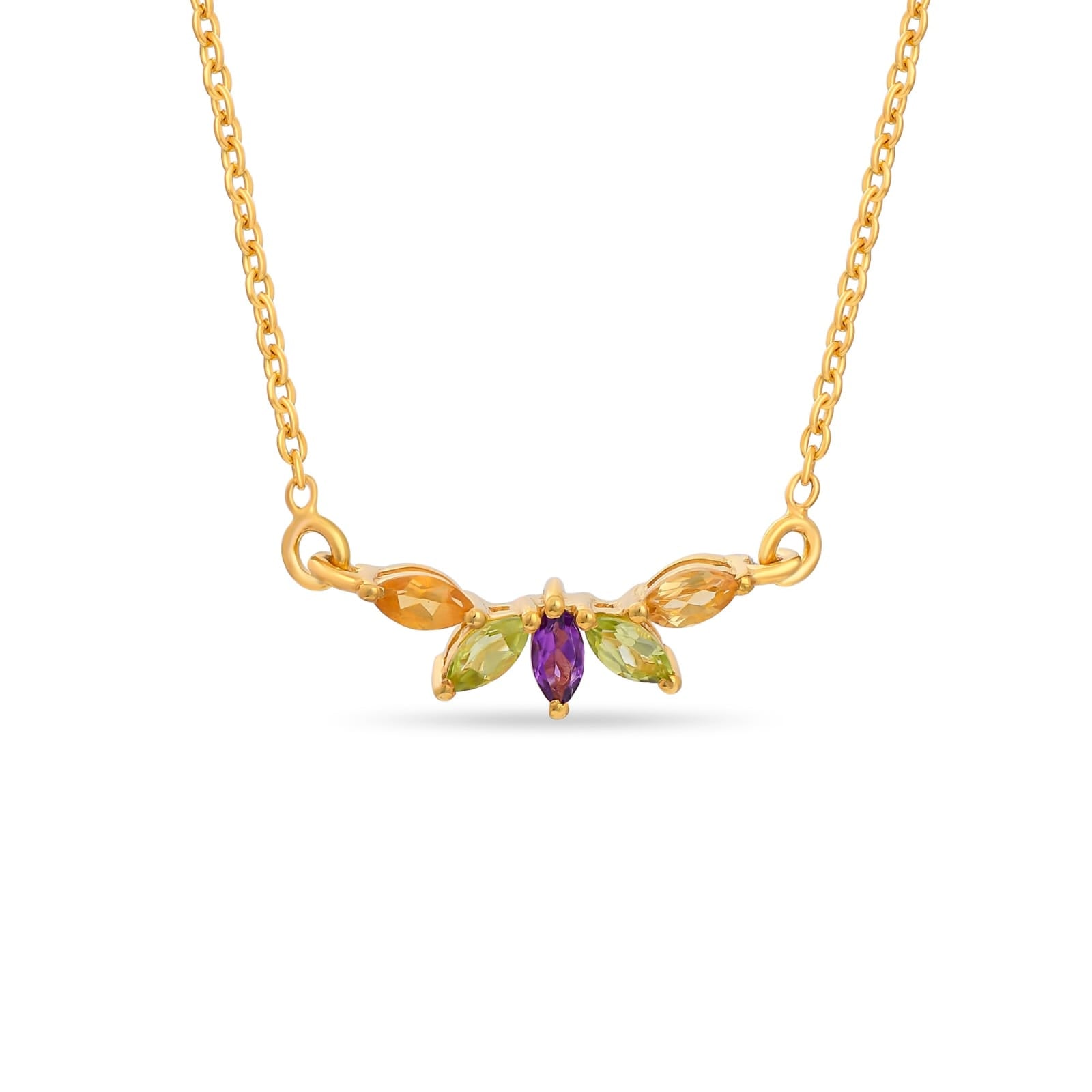 Gold necklace with gemstones on a white background