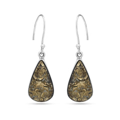 Teardrop-shaped earrings with textured design on a white background