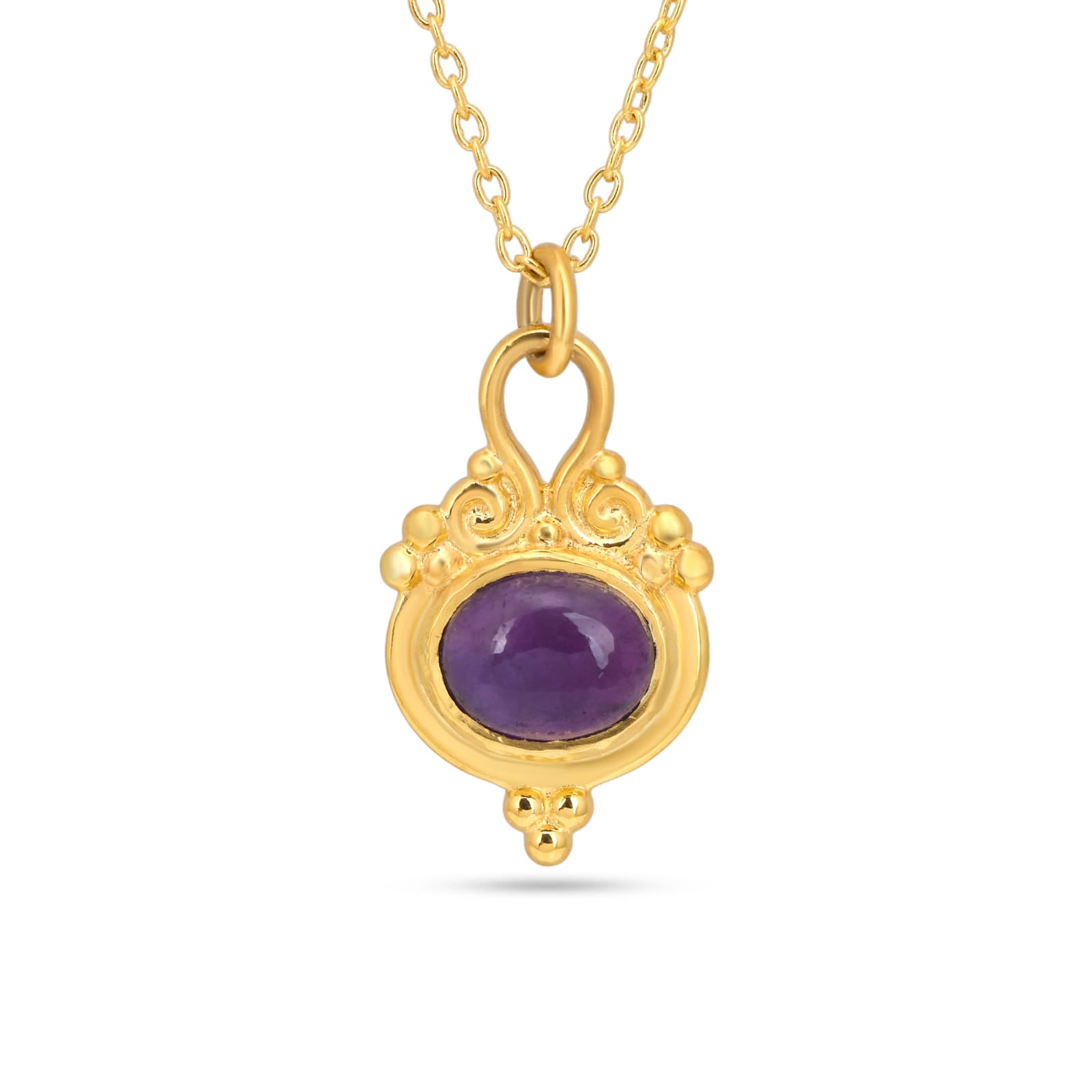 Gold necklace with a purple gemstone pendant on a white background