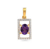 Gold pendant with a purple gemstone and diamond accents on a white background