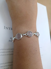 Round Pastel Pink Rose Quartz Silver Bracelet