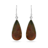 Teardrop-shaped earrings with green and brown stones on a white background