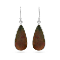 Teardrop-shaped earrings with green and brown stones on a white background