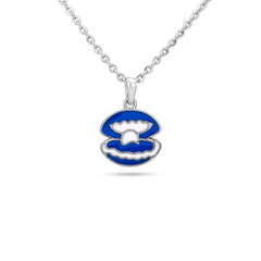 Silver necklace with a blue and white pendant on a white background