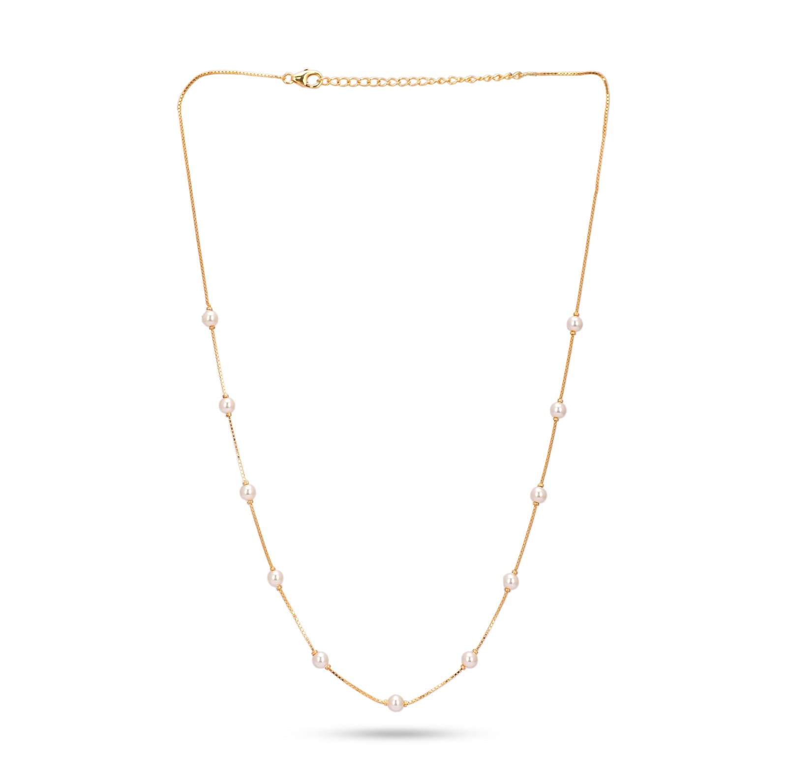 Gold necklace with pearls on a white background