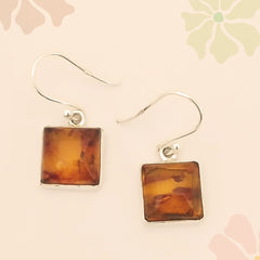 Square Honey Amber Silver Earring