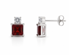 Square Garnet Stone Silver Earrings