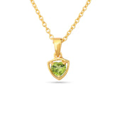 Gold necklace with a green heart-shaped gemstone pendant on a white background