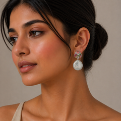 Close-up of a woman wearing a pair of earrings with a neutral background