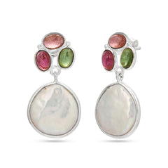 Pair of earrings with gemstones and a central pearl on a white background