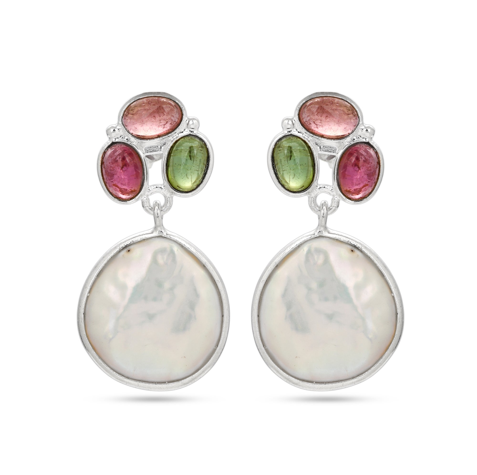 Trinity Tourmaline & Mother of Pearl Dangle Earrings in 925 Silver